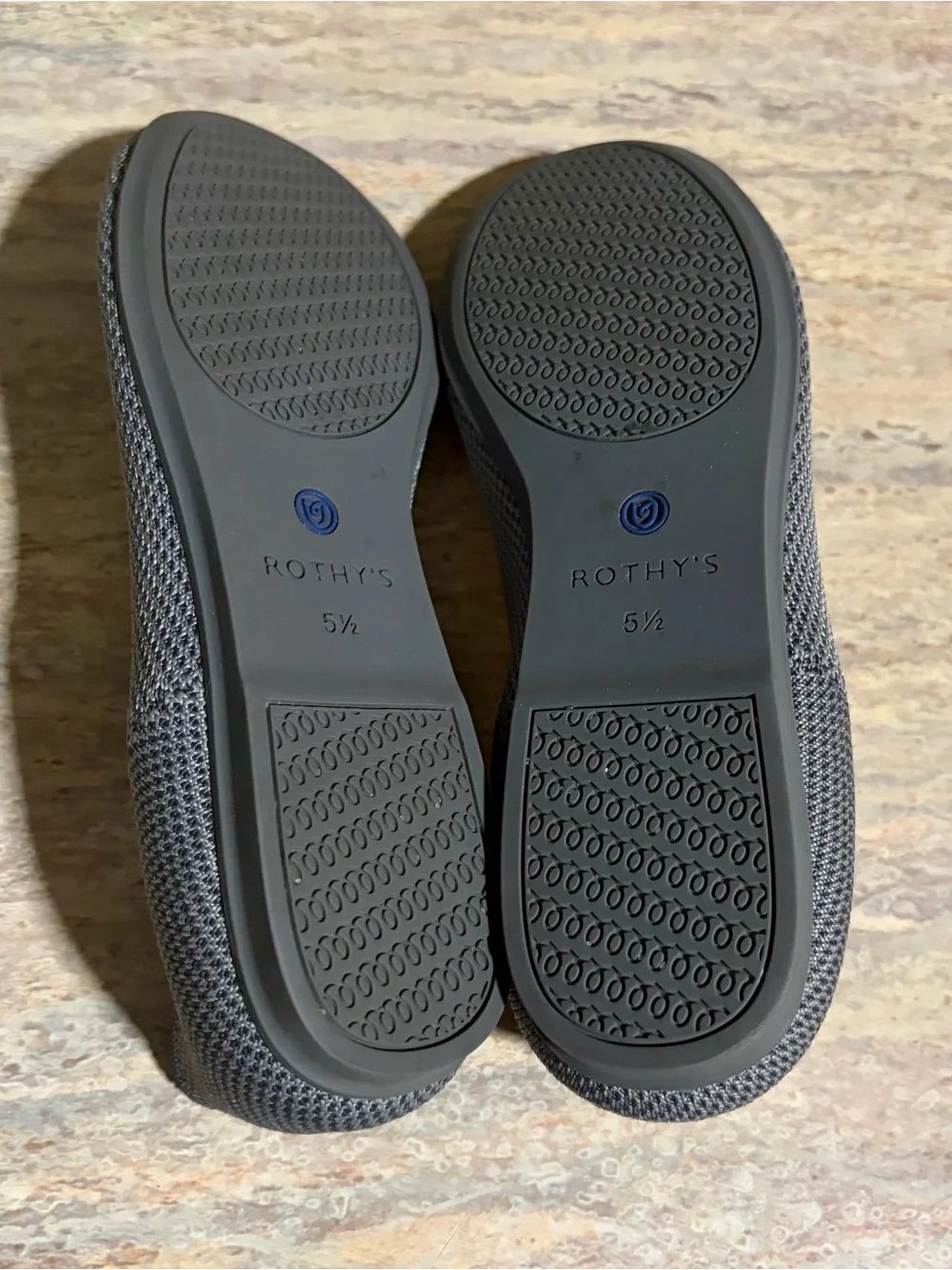 Rothy’s Grey Knit Ballet Flats with Red Insole and Blue Trim